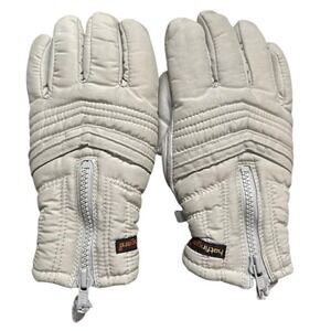 Hotfingers Vintage Leather Ski Gloves Tan Beige Quilted Zip Wrist Winter Mens